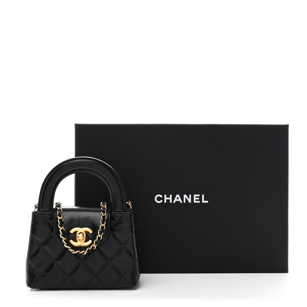 Chanel Shiny Aged Calfskin Quilted Mini Nano Kelly Shopper Black