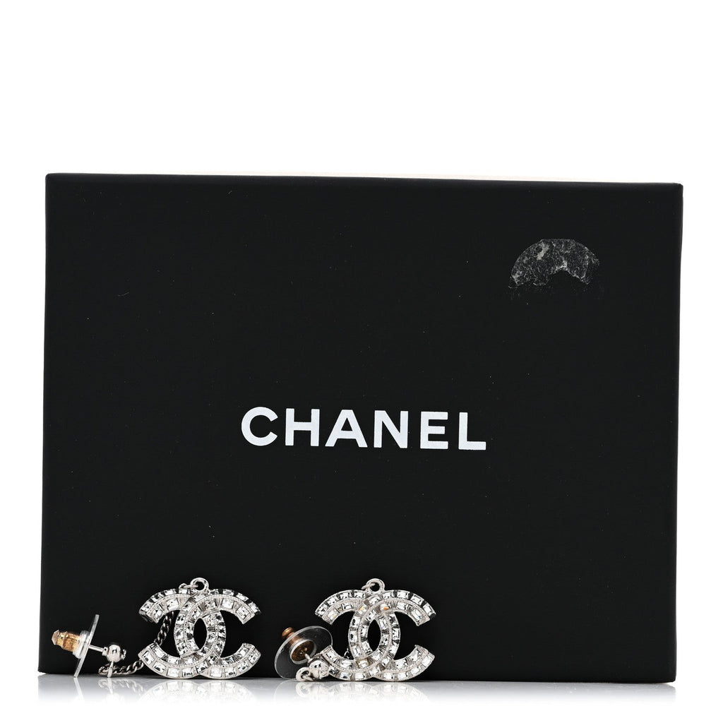 Baguette Crystal CC Drop Earrings Silver