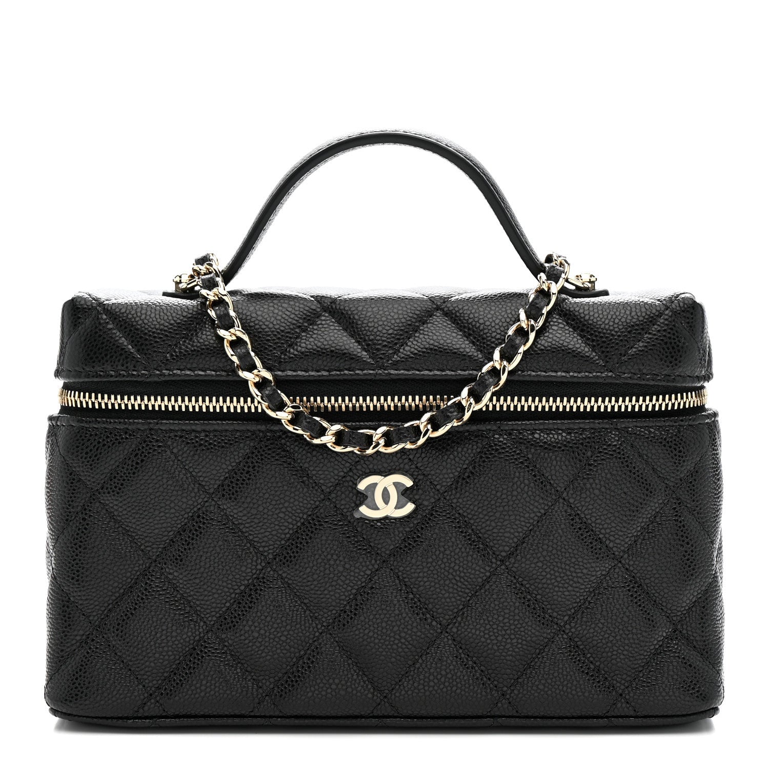 Chanel Caviar Quilted Top Handle Slim Vanity With Chain Black