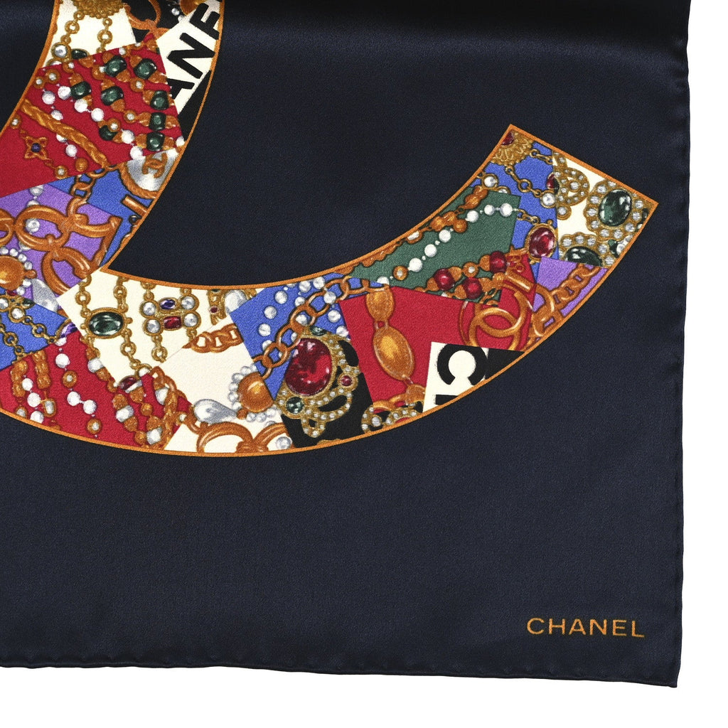 Chanel Silk CC Gripoix Logo Mini Bandana Navy Blue Golden Multicolor