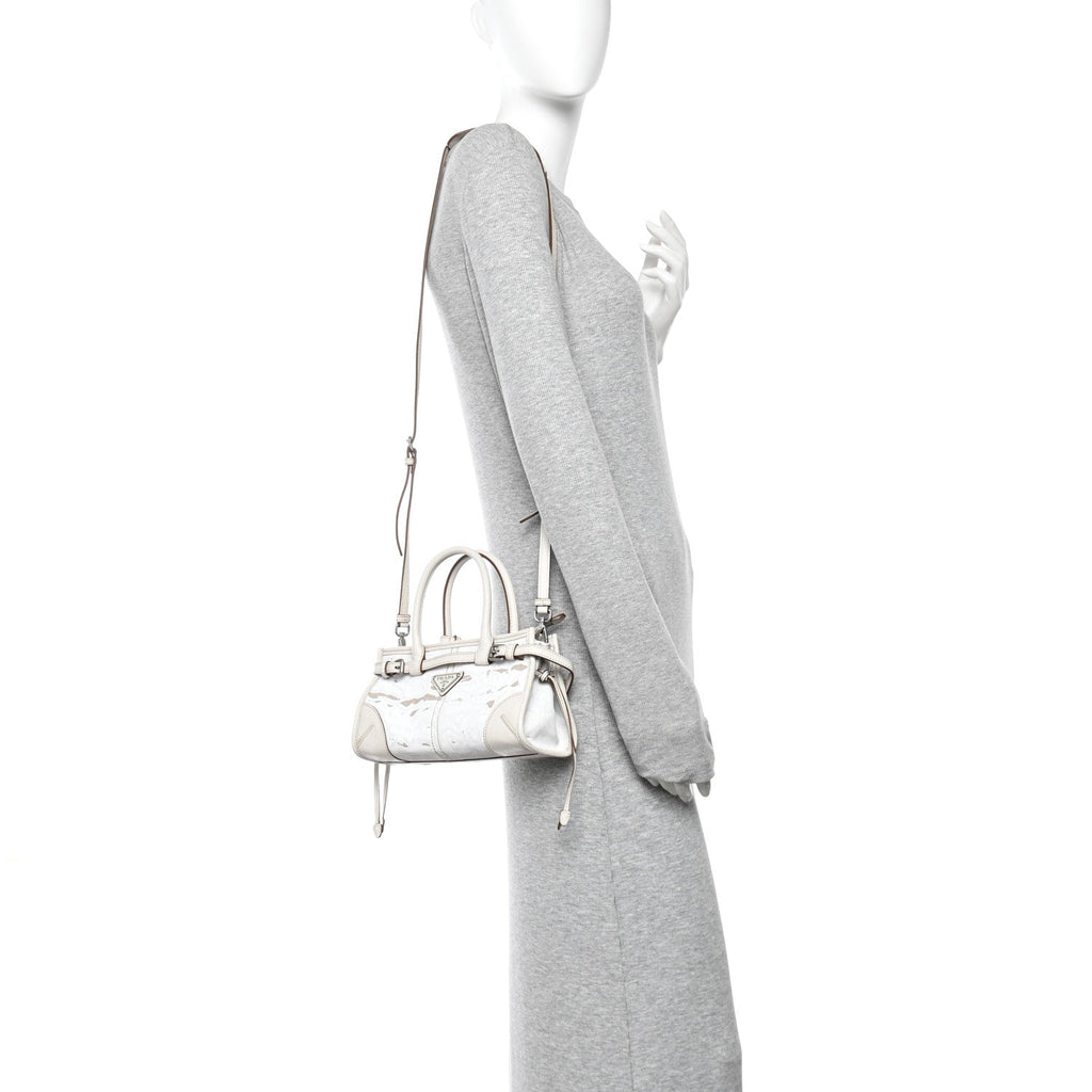 Prada Linen Calfskin Triangle Mini Bonnie Hand Bag White