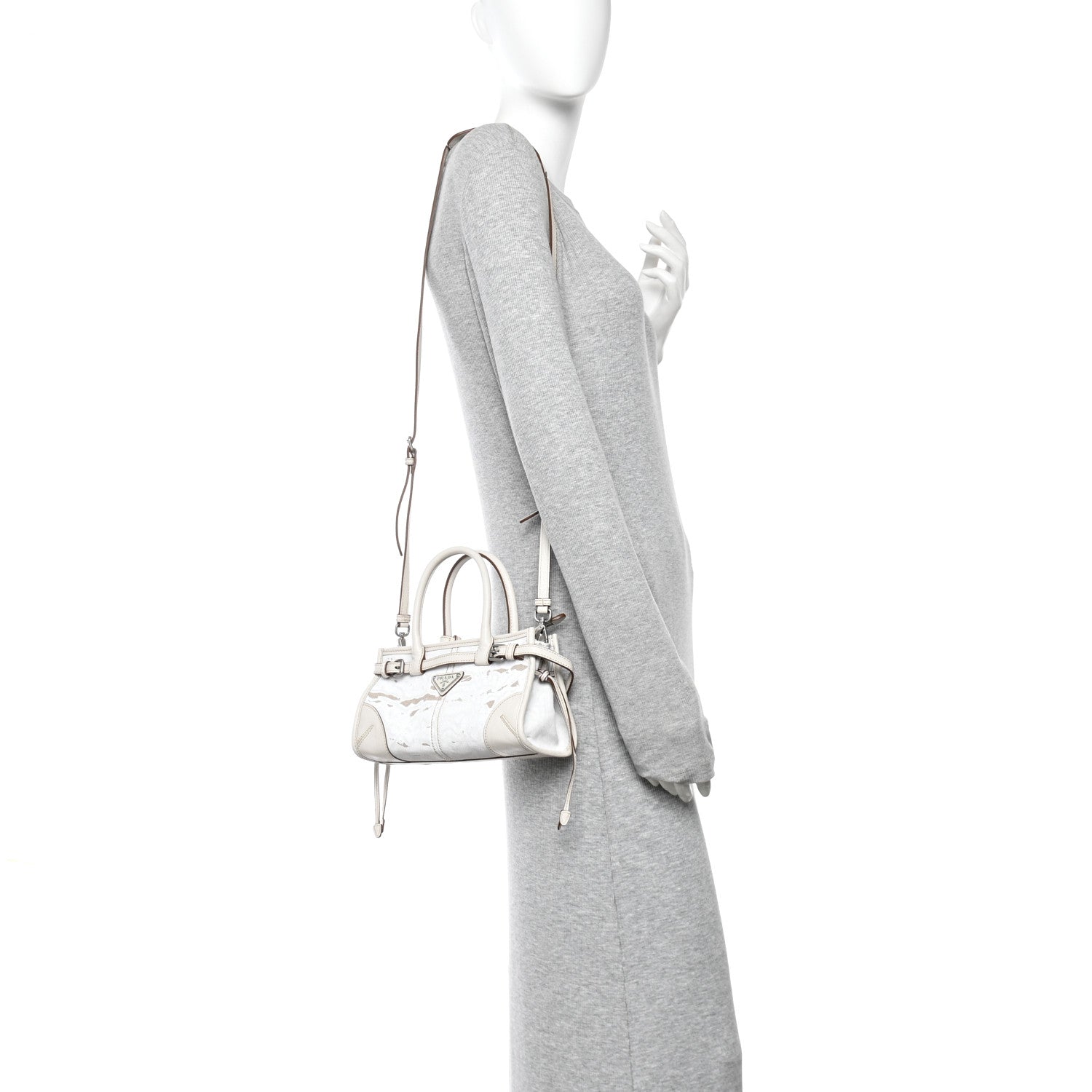 Prada Linen Calfskin Triangle Mini Bonnie Hand Bag White
