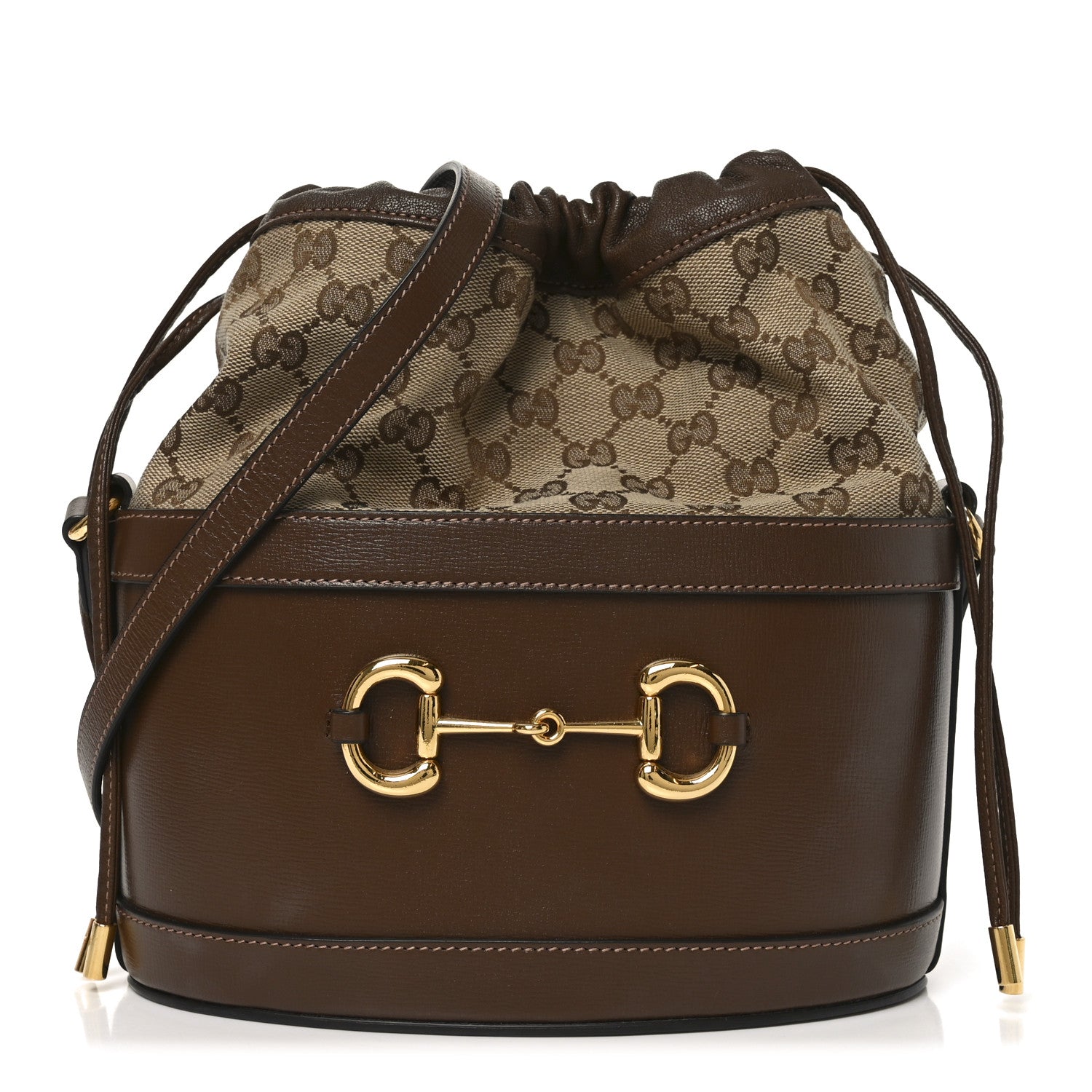 Gucci Monogram Textured Calfskin Horsebit 1955 Drawstring Bucket Bag Beige Brown Sugar