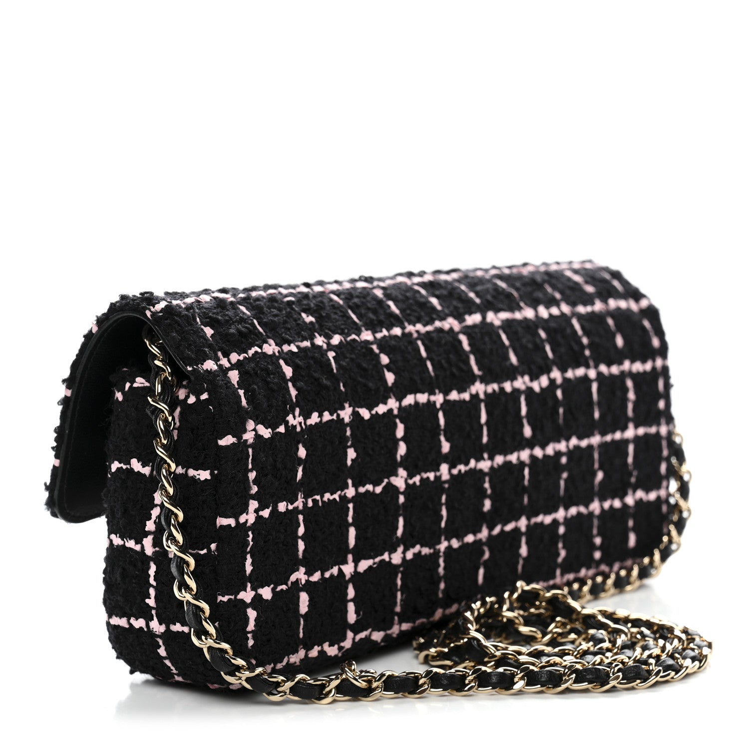 Chanel Tweed Quilted East West Camellia Clutch Black Pink