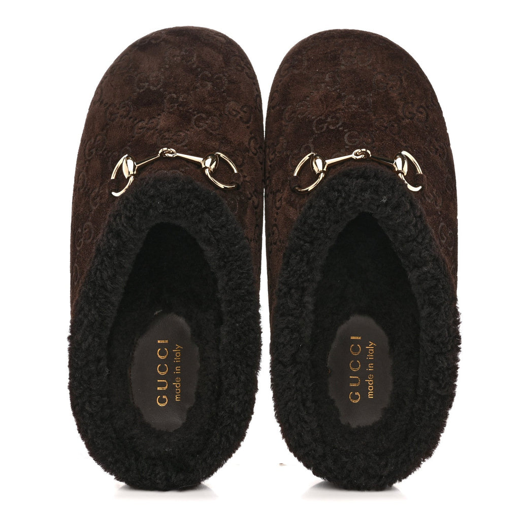 Gucci Suede GG Debossed Shearling Womens Horsebit Mules 36 Dark Brown