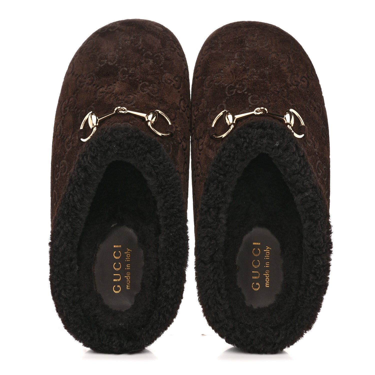 Gucci Suede GG Debossed Shearling Womens Horsebit Mules 36 Dark Brown