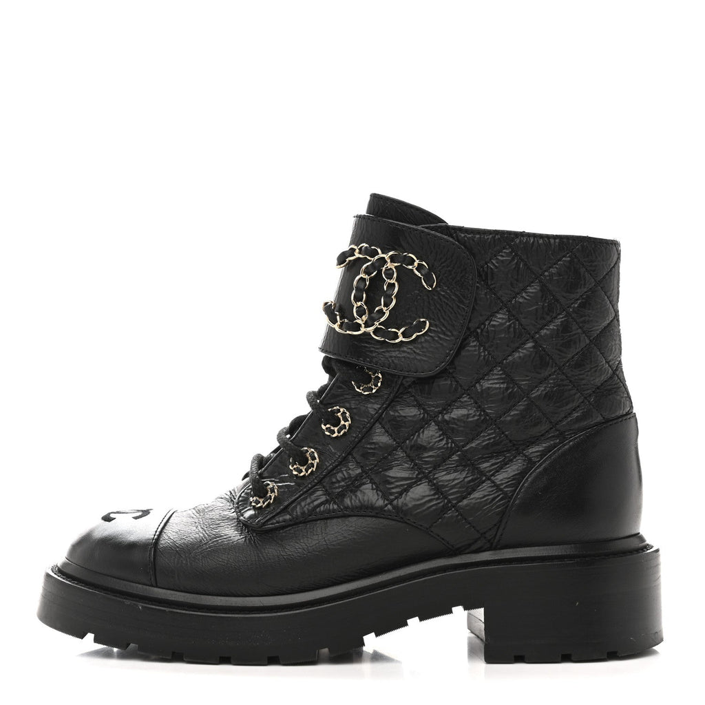 Chanel Shiny Goatskin Calfskin Quilted Lace Up Combat Boots 37 Black