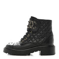 Chanel Shiny Goatskin Calfskin Quilted Lace Up Combat Boots 37 Black