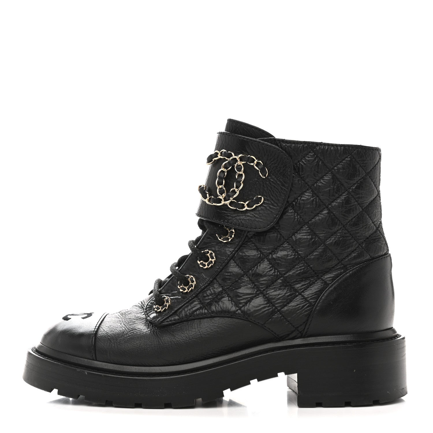 Chanel Shiny Goatskin Calfskin Quilted Lace Up Combat Boots 37 Black