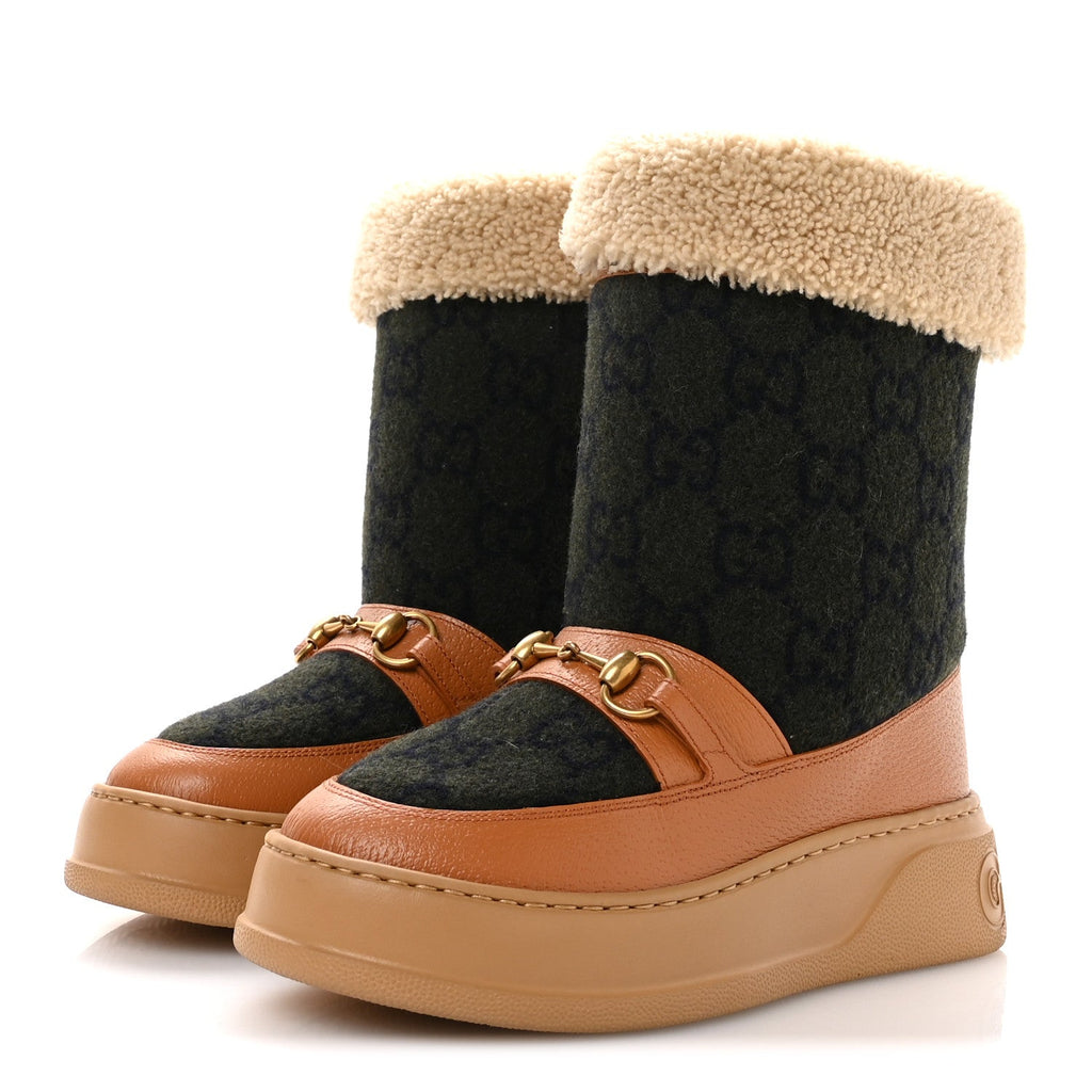 Gucci Covered Wool Monogram Textured Dollar Calfskin Shearling Horsebit Snow Boots 37 Underwood Blue Hazel Brown
