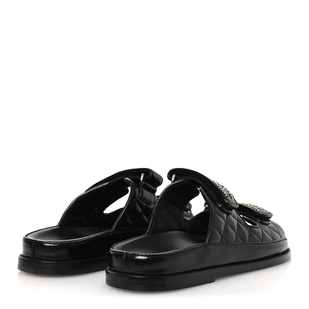 Lambskin Quilted Velcro Dad Chain CC Slide Sandals 38.5 Black