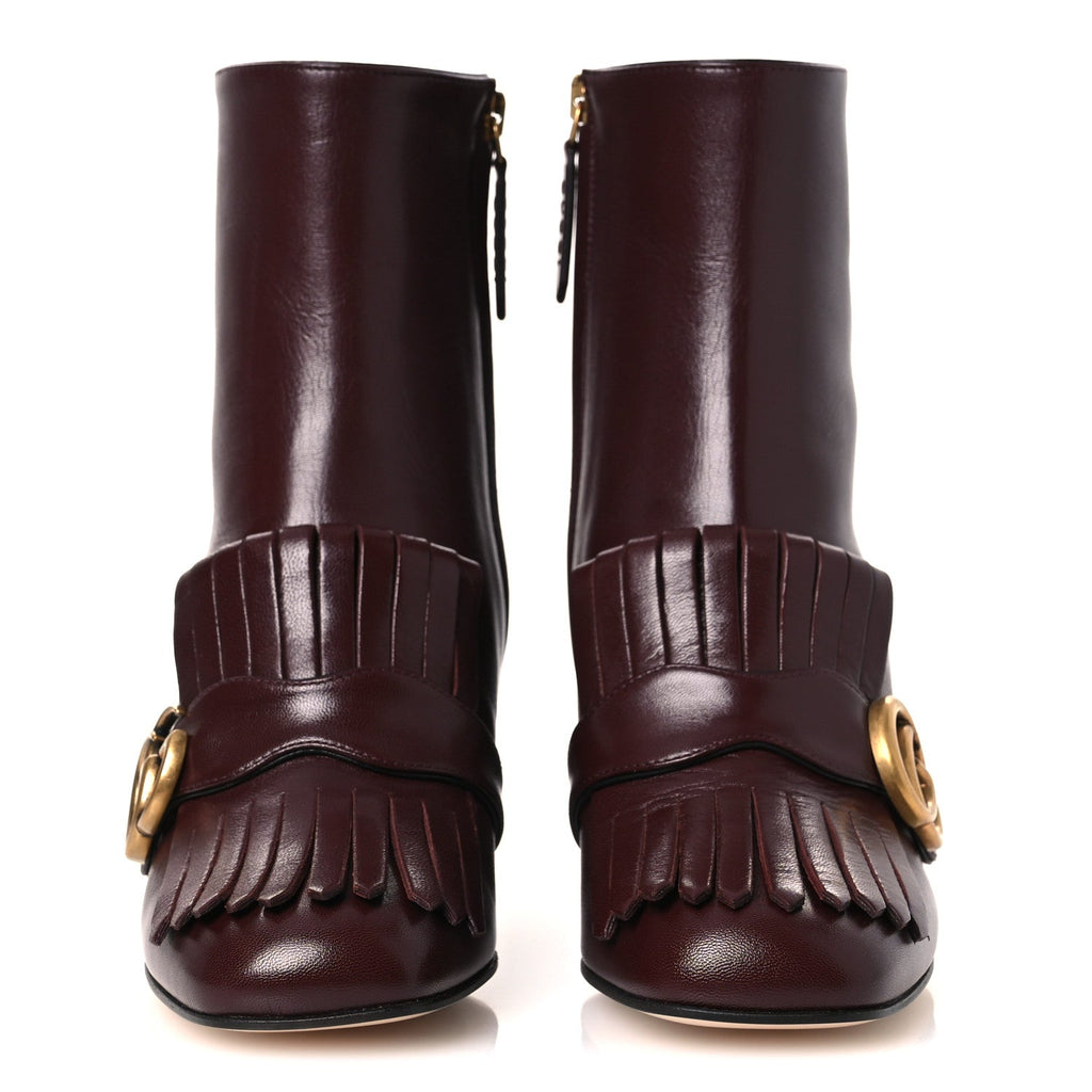 Gucci Malaga Kid GG Marmont Fringe 75mm Ankle Boots 36 Vintage Bordeaux