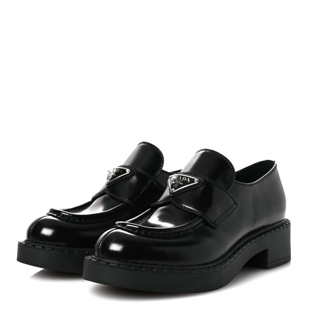 Prada Spazzolato Metal Triangle Logo 50mm Loafers 36 Black