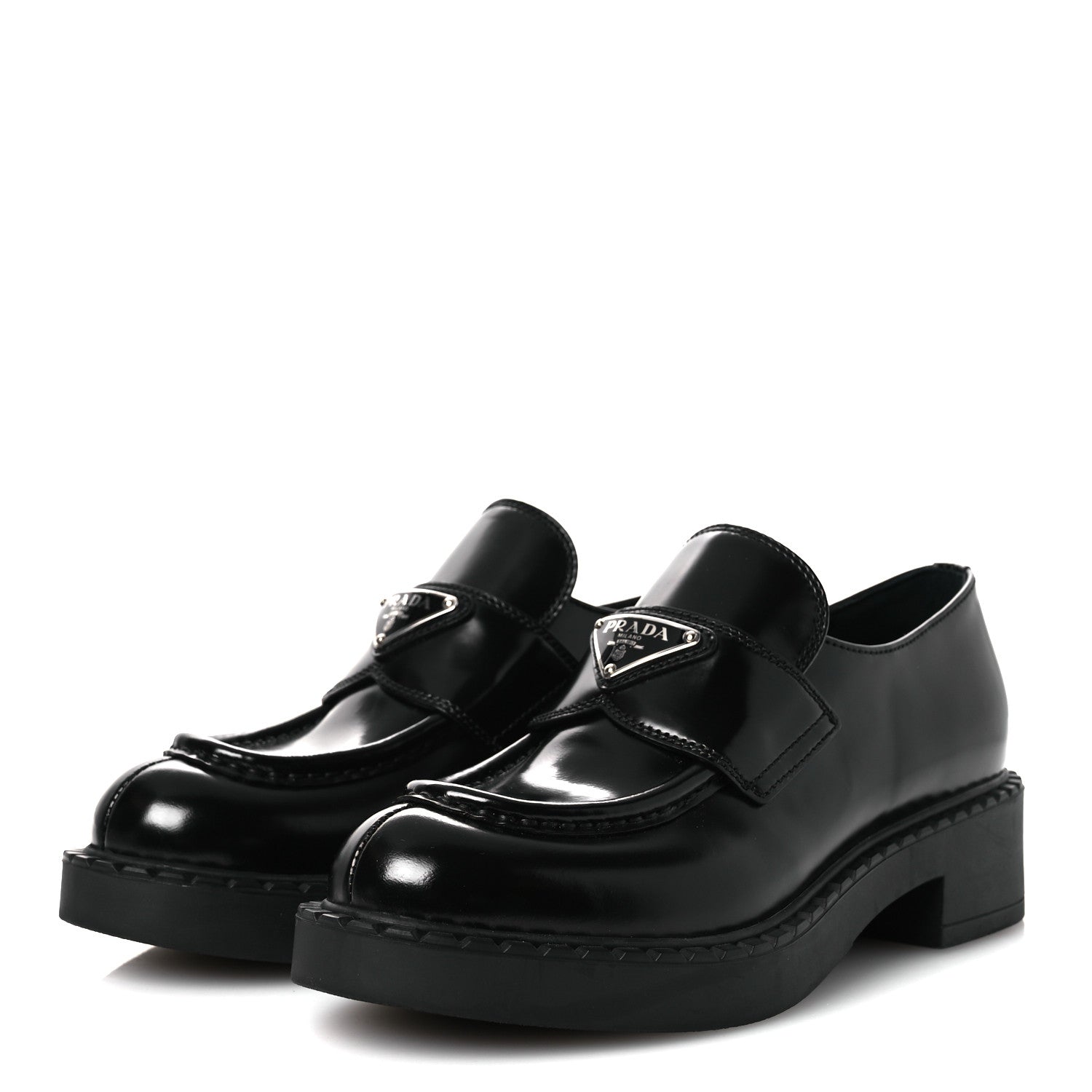 Prada Spazzolato Metal Triangle Logo 50mm Loafers 36 Black