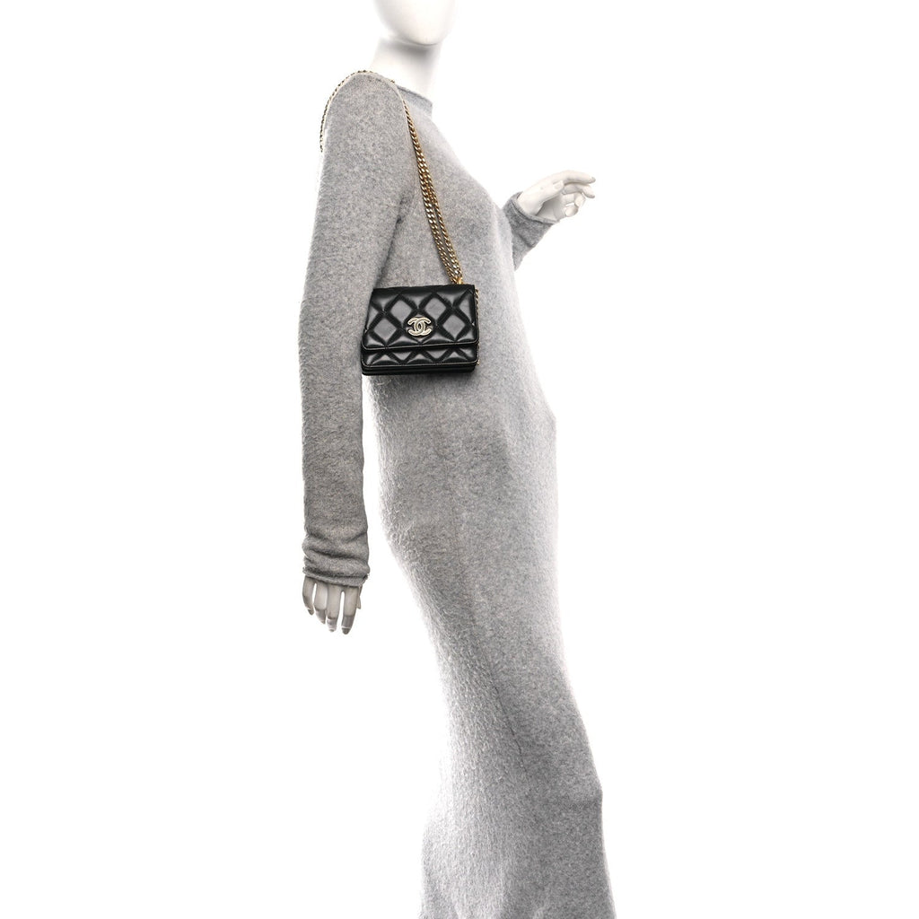 Chanel Lambskin Enamel Quilted Pending CC Clutch With Chain Black