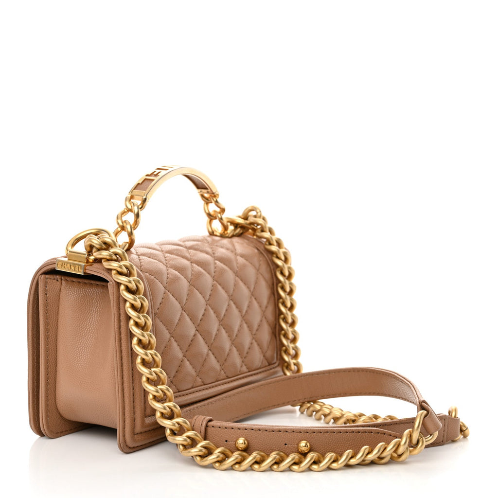 Chanel Caviar Quilted Small Top Handle Boy Flap Beige