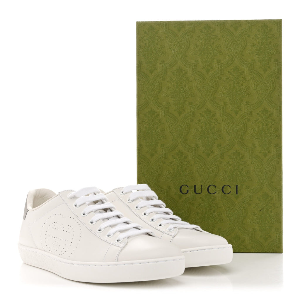 Gucci Calfskin Interlocking G Perforated Womens Ace Sneakers 37.5 White Grey Sky