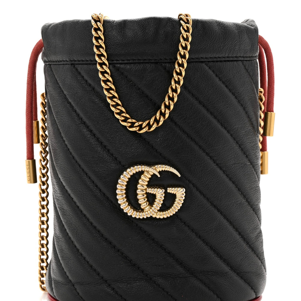 Gucci Vintage Effect Calfskin Matelasse Diagonal Mini Torchon GG Marmont 2.0 Bucket Bag Black Romantic Cherry