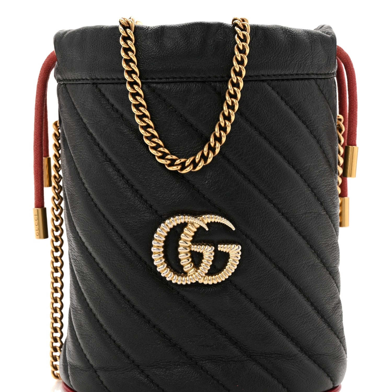 Gucci Vintage Effect Calfskin Matelasse Diagonal Mini Torchon GG Marmont 2.0 Bucket Bag Black Romantic Cherry