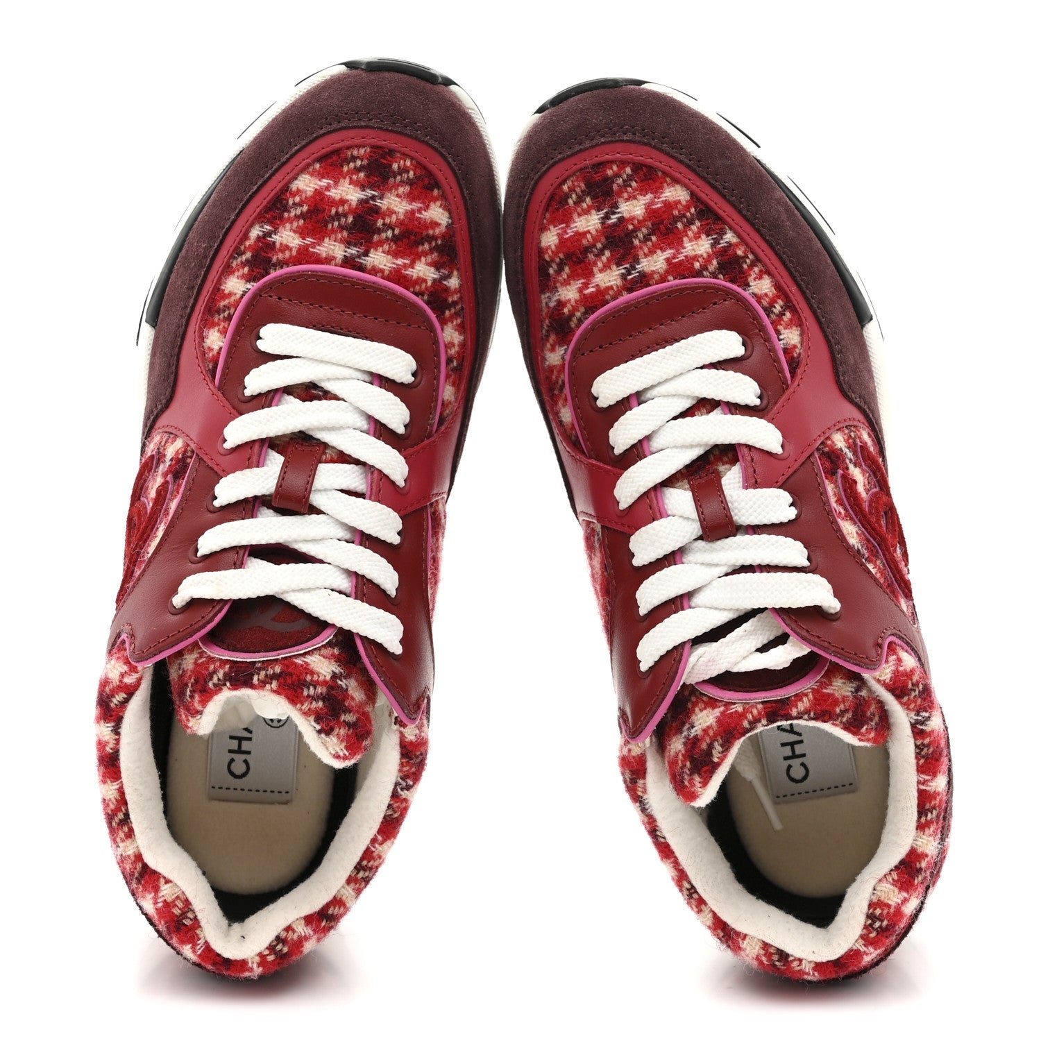 Chanel Wool Tweed Suede Calfskin Womens CC Sneakers 36 Red White Dark Brown Burgundy