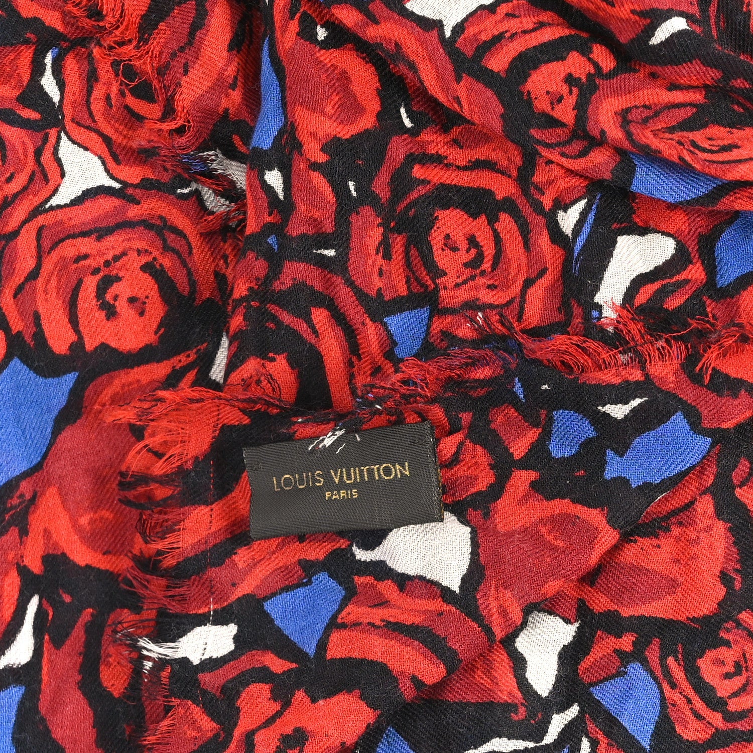 Louis Vuitton Wool Silk Cashmere Rock N Roses Stole Red Blue Multicolor