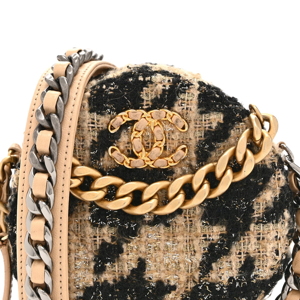 Chanel Wool Tweed Lambskin Quilted Chanel 19 Round Clutch With Chain and Coin Purse Beige Black