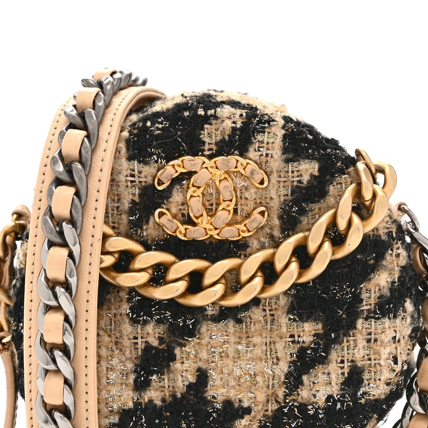 Chanel Wool Tweed Lambskin Quilted Chanel 19 Round Clutch With Chain and Coin Purse Beige Black