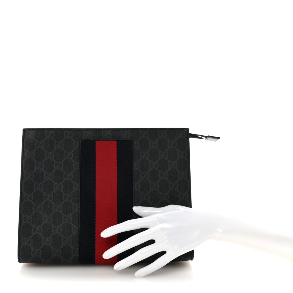 Gucci GG Supreme Monogram Selleria Calfskin Web New Web Cosmetic Case Black