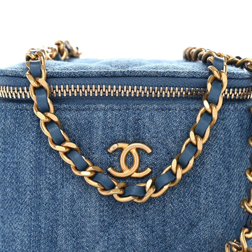 Chanel Denim Quilted Mini Pearl Crush Vanity Case With Chain