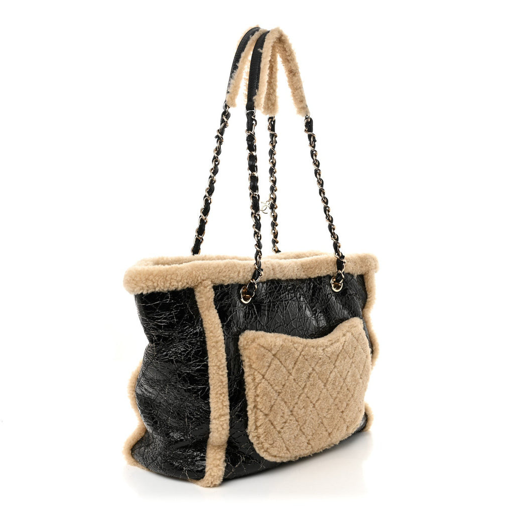 Chanel Shiny Crumpled Sheepskin Shearling CC Mania Tote Bag Black Beige
