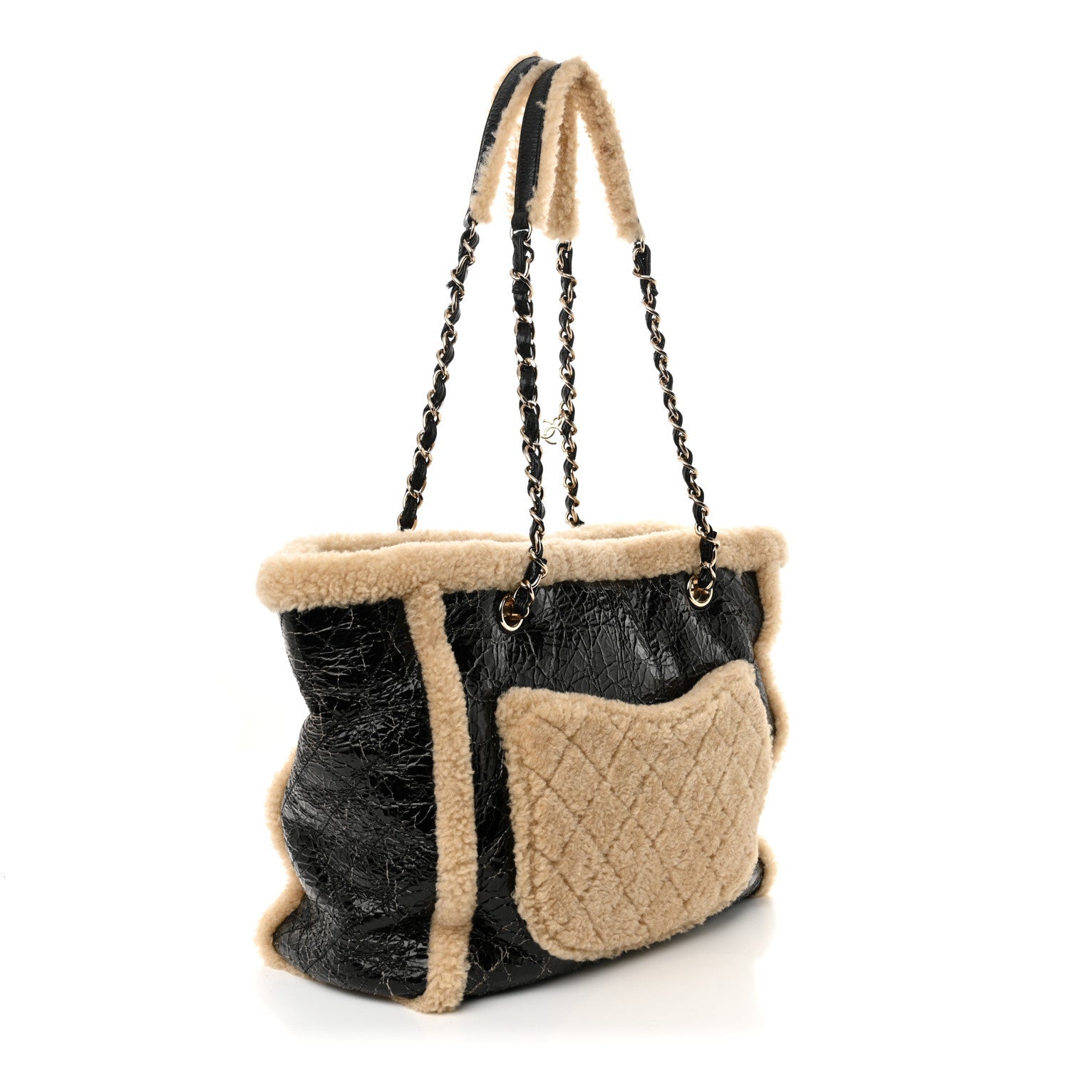 Chanel Shiny Crumpled Sheepskin Shearling CC Mania Tote Bag Black Beige