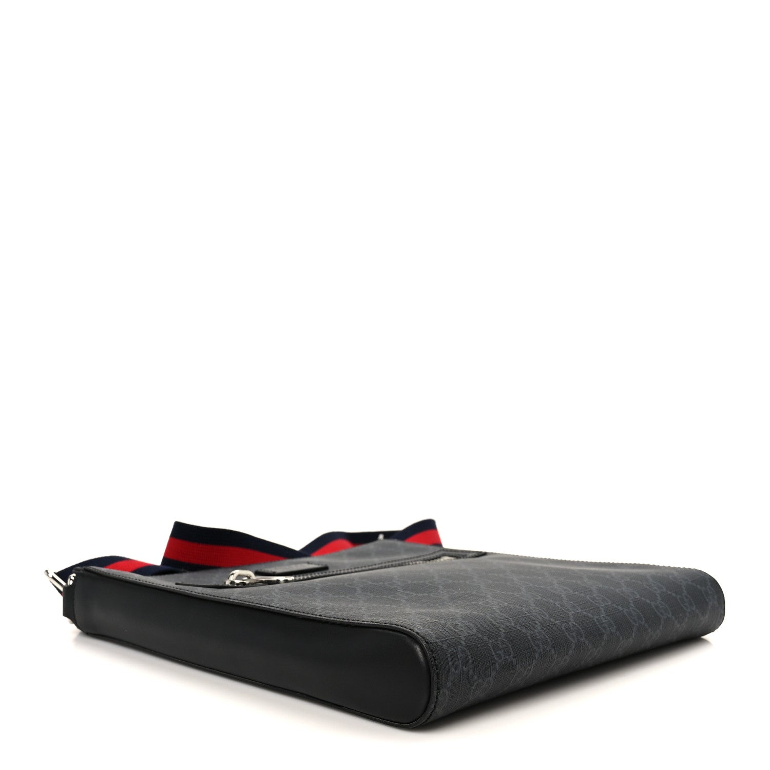 Gucci GG Supreme Monogram Appia Calfskin Web Flat Messenger Bag Black Grey