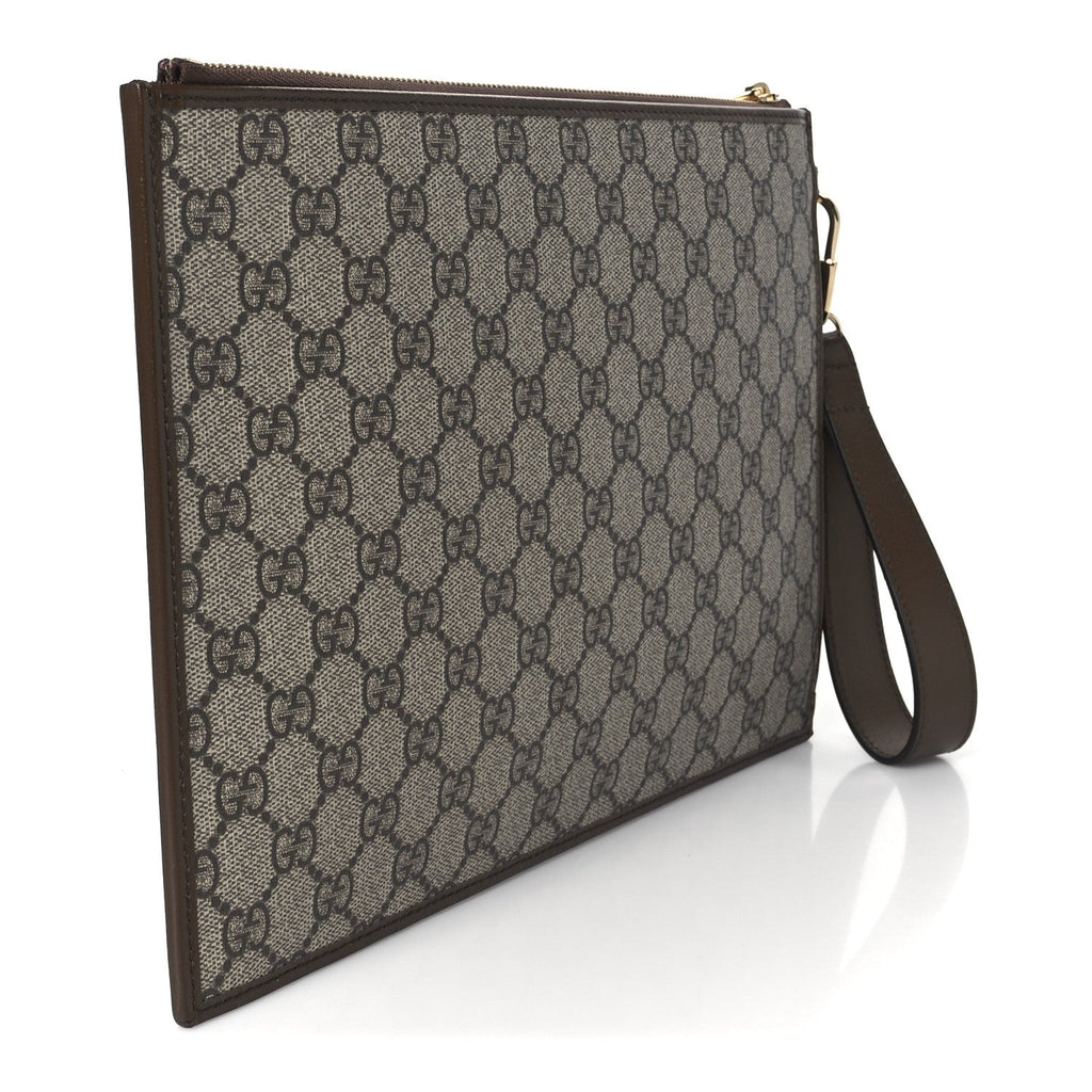 Gucci GG Supreme Monogram Azalea Calfskin Retro Interlocking G Wristlet Pouch Beige Ebony Brown Sugar