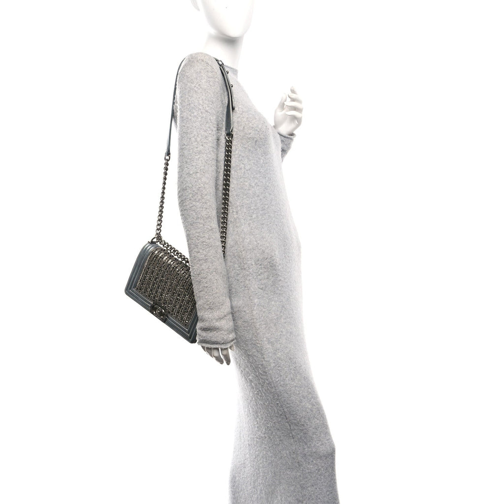 Chanel Metallic Lambskin Glass Pearl Embroidered Medium Boy Flap  Silver