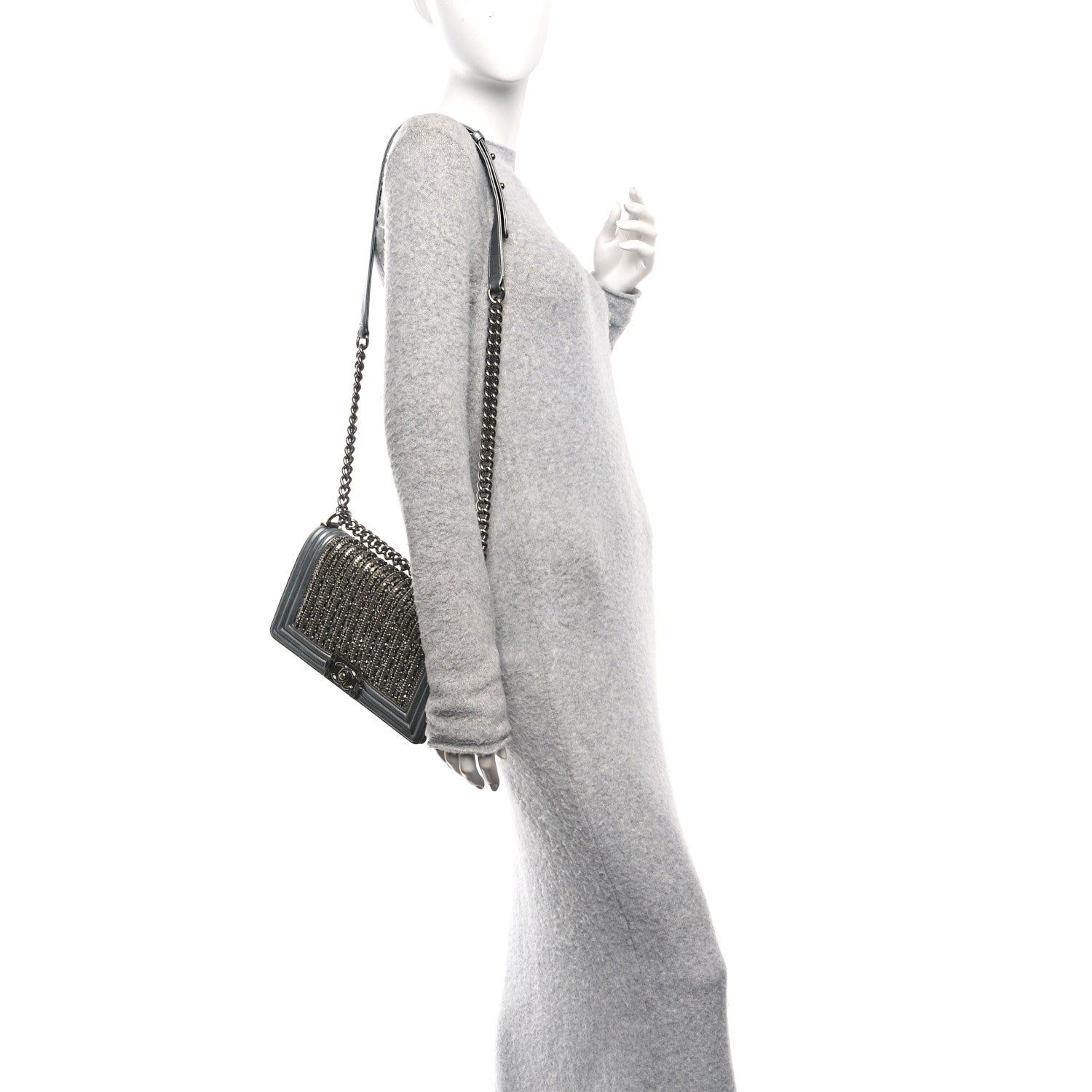 Chanel Metallic Lambskin Glass Pearl Embroidered Medium Boy Flap  Silver