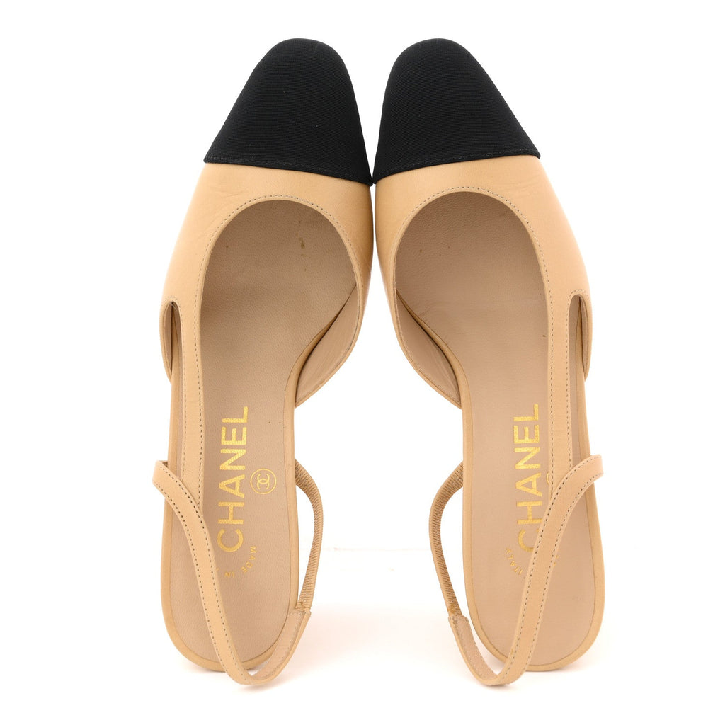 Goatskin Grosgrain Cap Toe CC Slingback Pumps 36 Beige Black