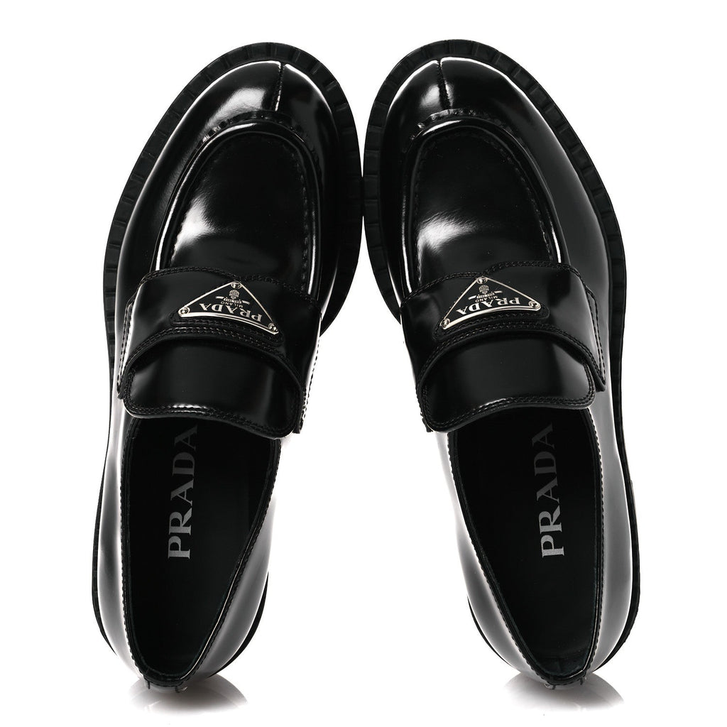 Prada Spazzolato Metal Triangle Logo 50mm Loafers 36 Black