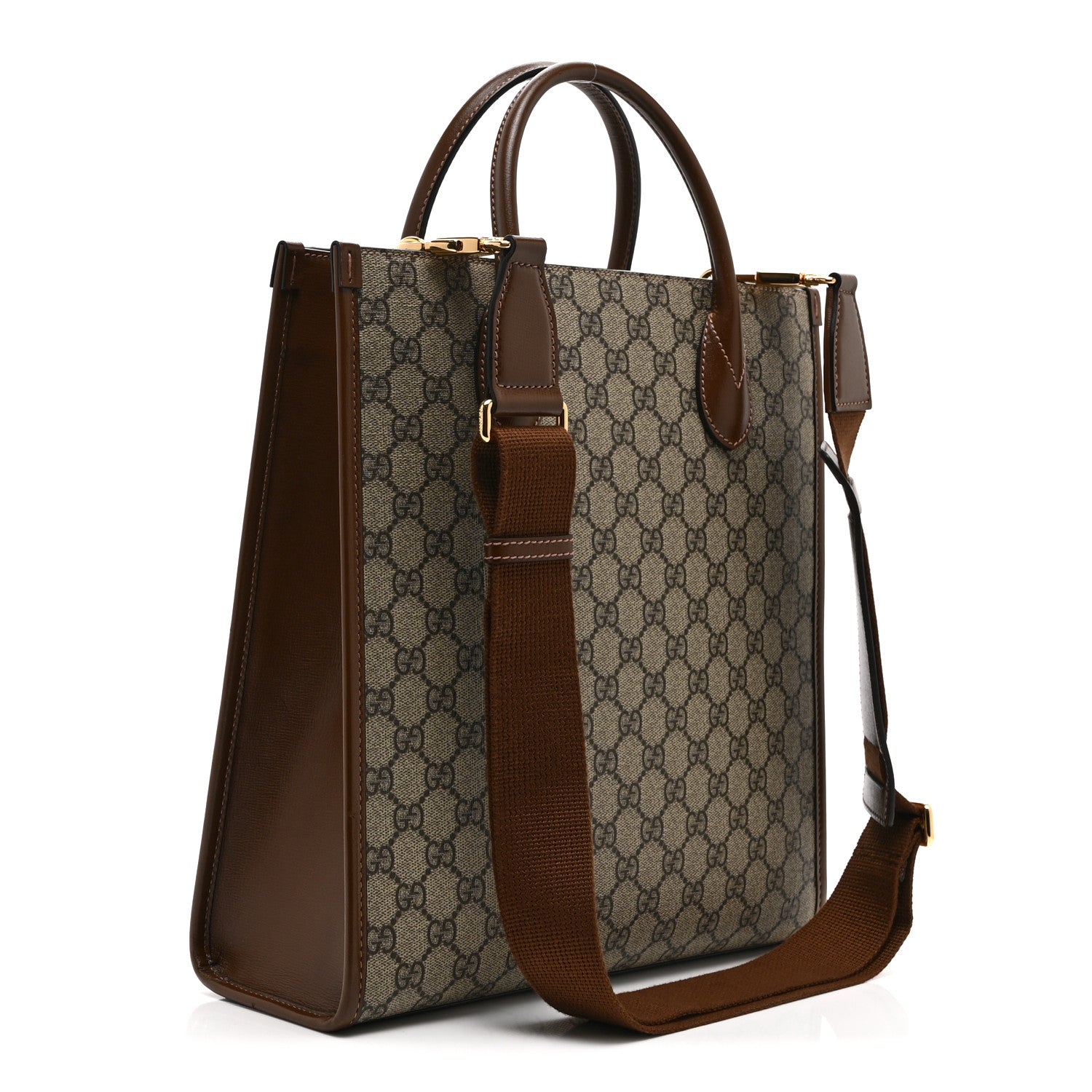 Gucci GG Supreme Monogram Textured Dollar Calfskin Web Small Retro Interlocking G Vertical Tote Bag Beige Ebony Brown Sugar