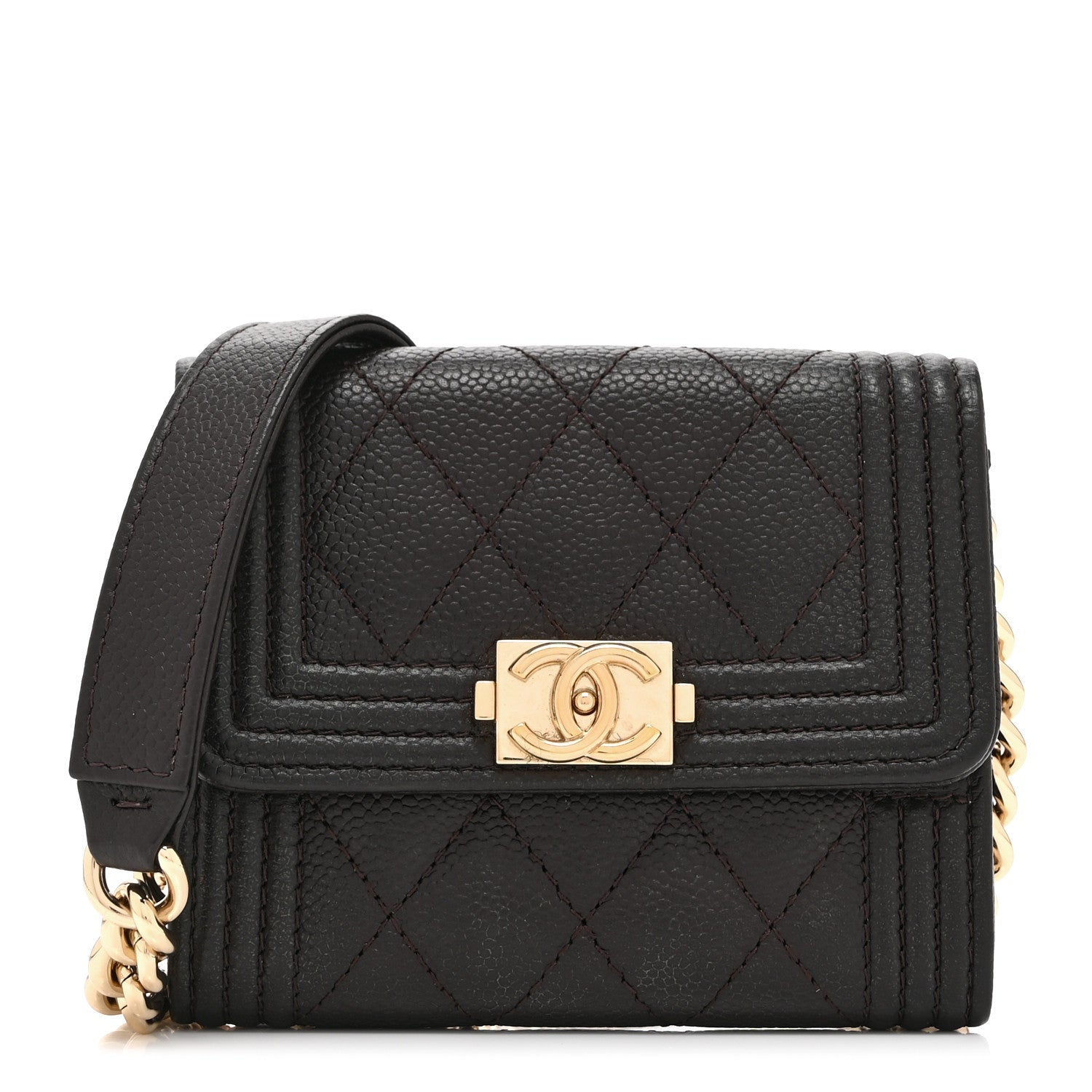 Chanel Caviar Quilted Boy Card Holder On Chain Black