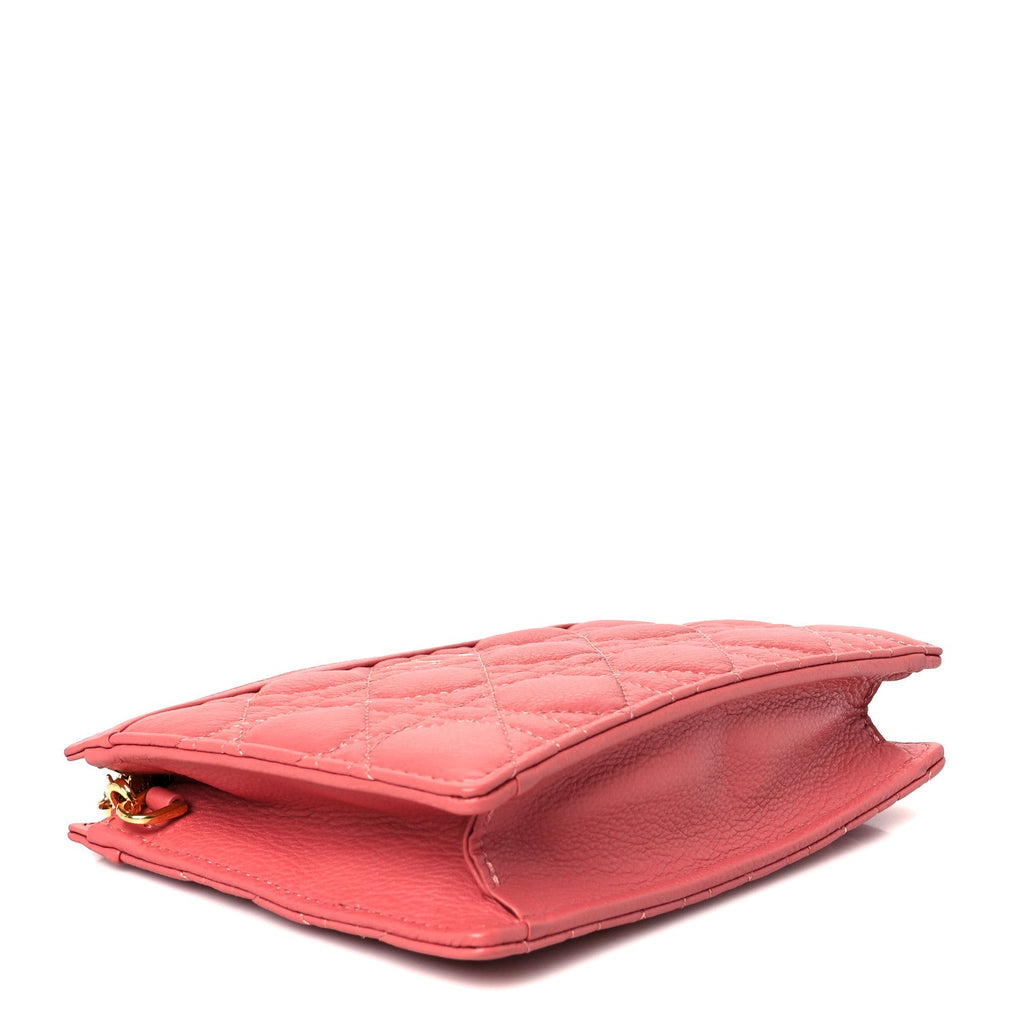 Christian Dior Calfskin Cannage Caro Zipped Pouch With Chain Coral Powder