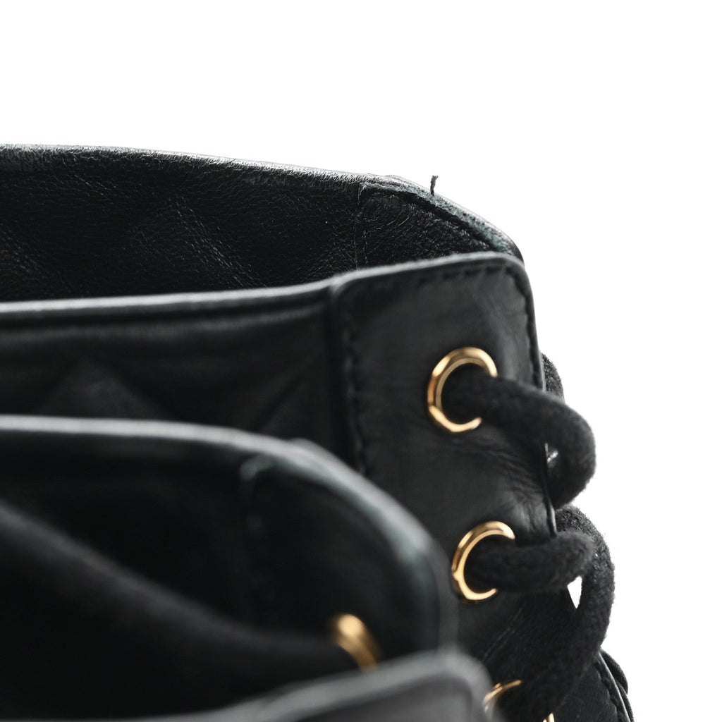 Chanel Shiny Calfskin Quilted Lace Up Combat Boots 38.5 Black