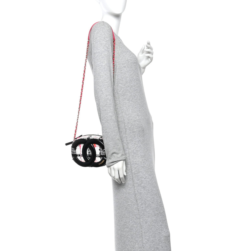 Chanel Tweed Lambskin Quilted Coco Midnight Camera Case White Black Multicolor