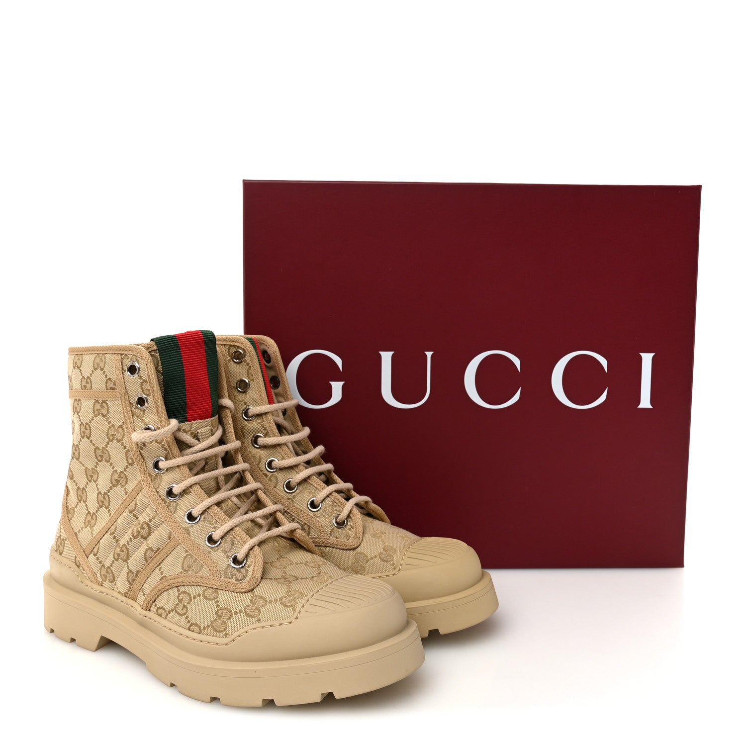 Gucci GG Monogram Web Mens Lug Sole Ankle Boots 8.5 New Sand