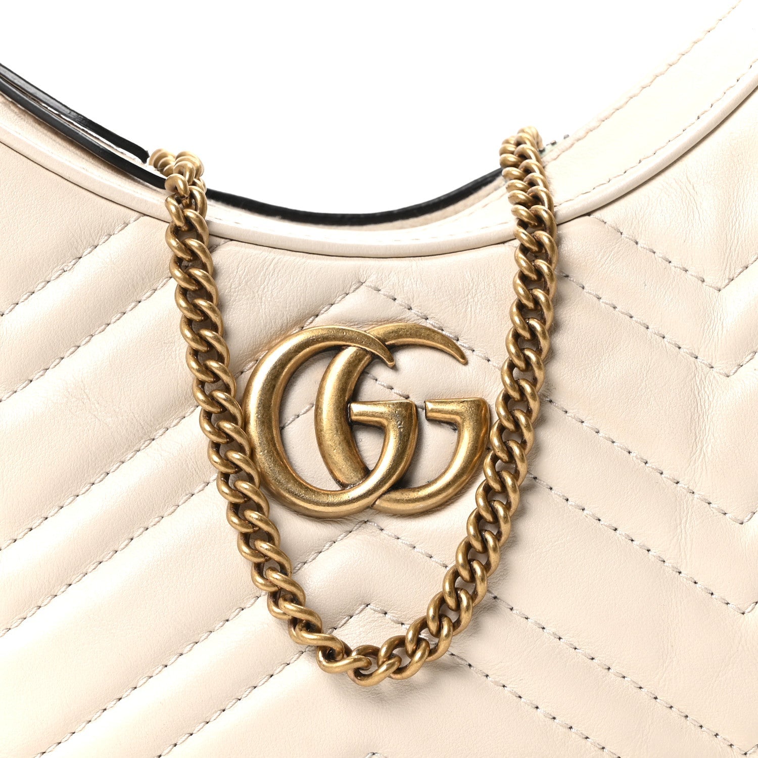 Gucci Calfskin Matelasse Chevron Mini GG Marmont Half Moon Hobo Mystic White