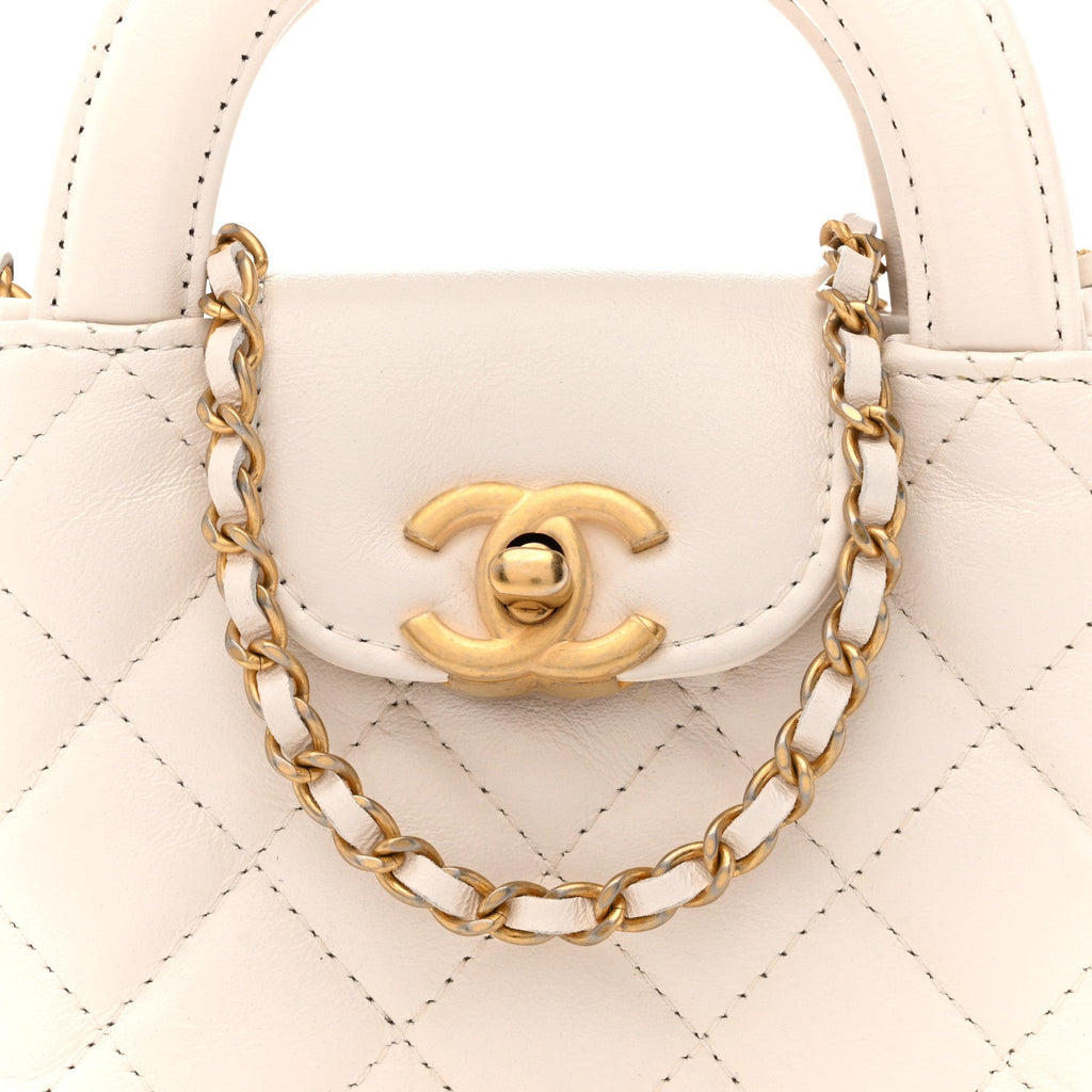 Chanel Shiny Aged Calfskin Quilted Mini Nano Kelly Shopper White