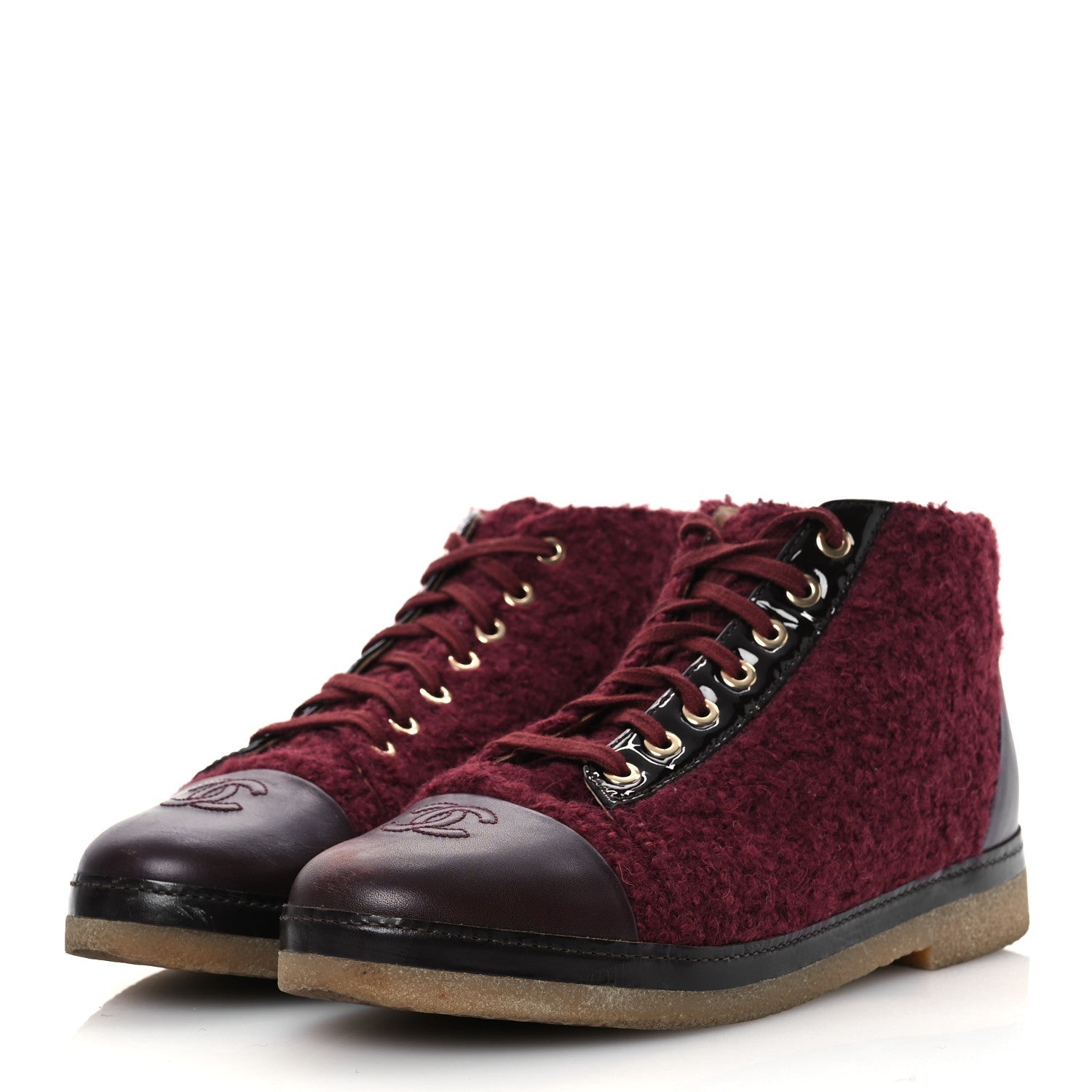 Chanel Tweed Calfskin Patent CC Lace Up Short Boots 39 Burgundy