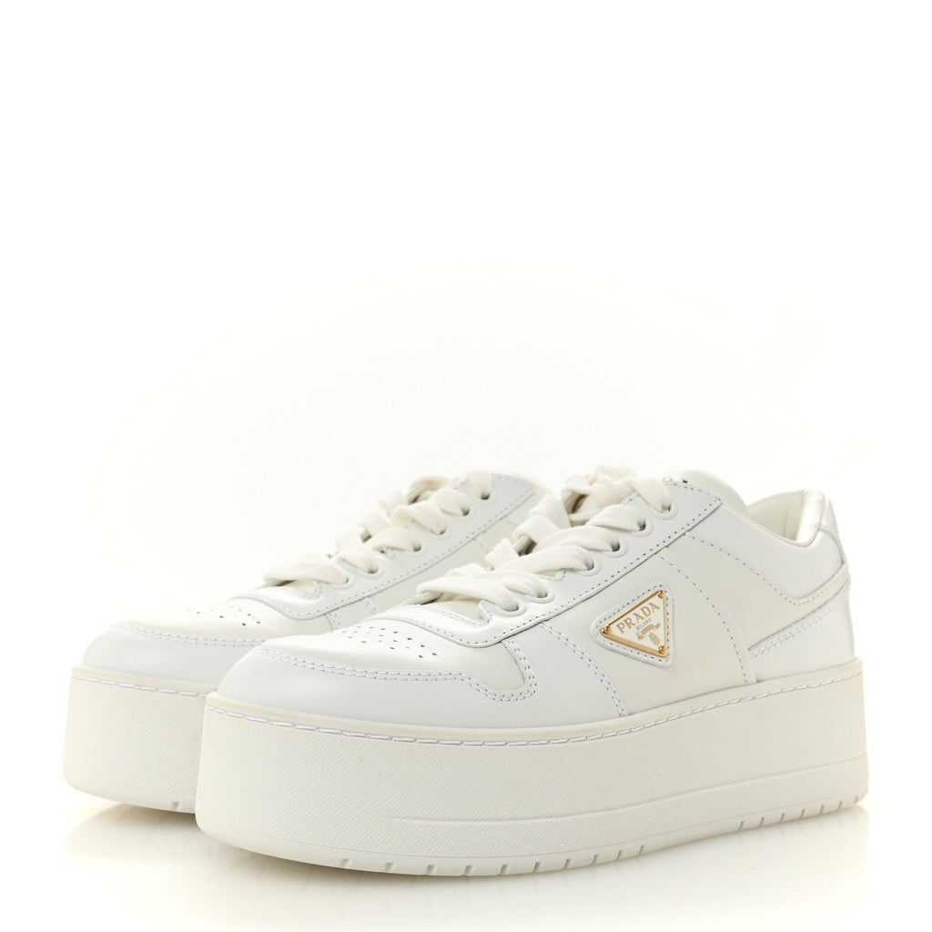 Prada Vitello Rois Triangle Womens Downtown Platform Low Top Sneakers 37 White