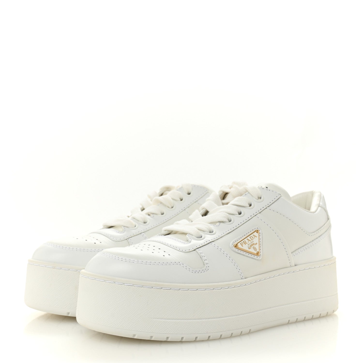 Prada Vitello Rois Triangle Womens Downtown Platform Low Top Sneakers 37 White