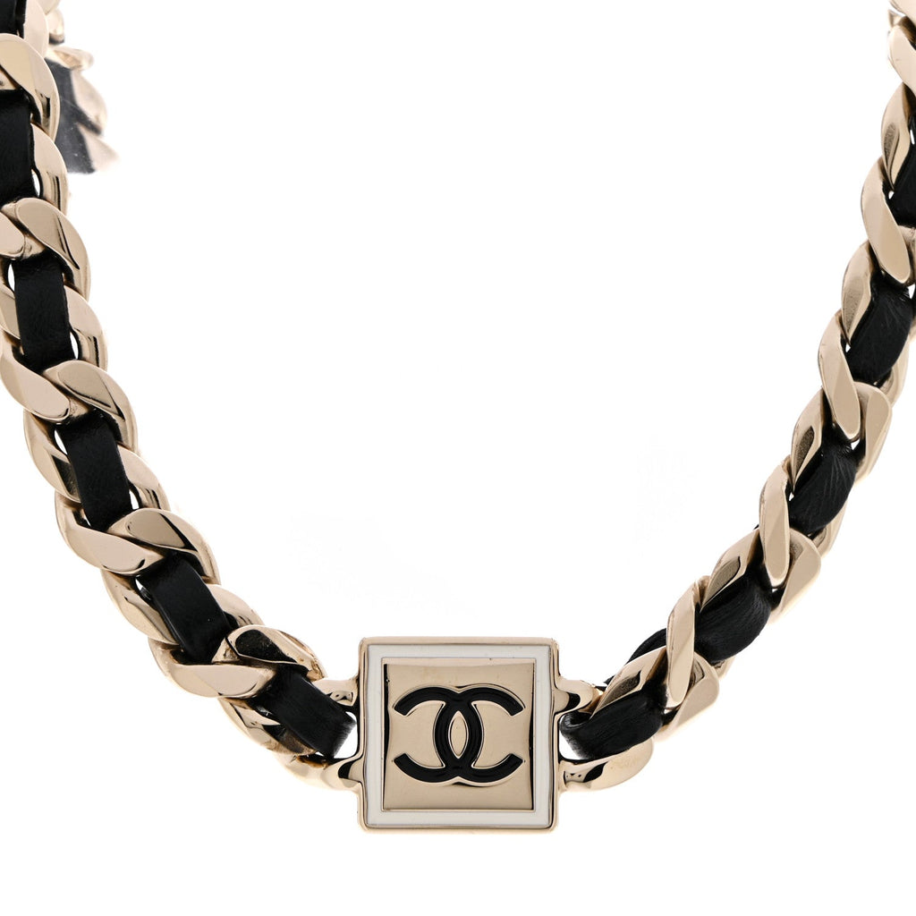Metal Lambskin CC Square Choker Gold Black White