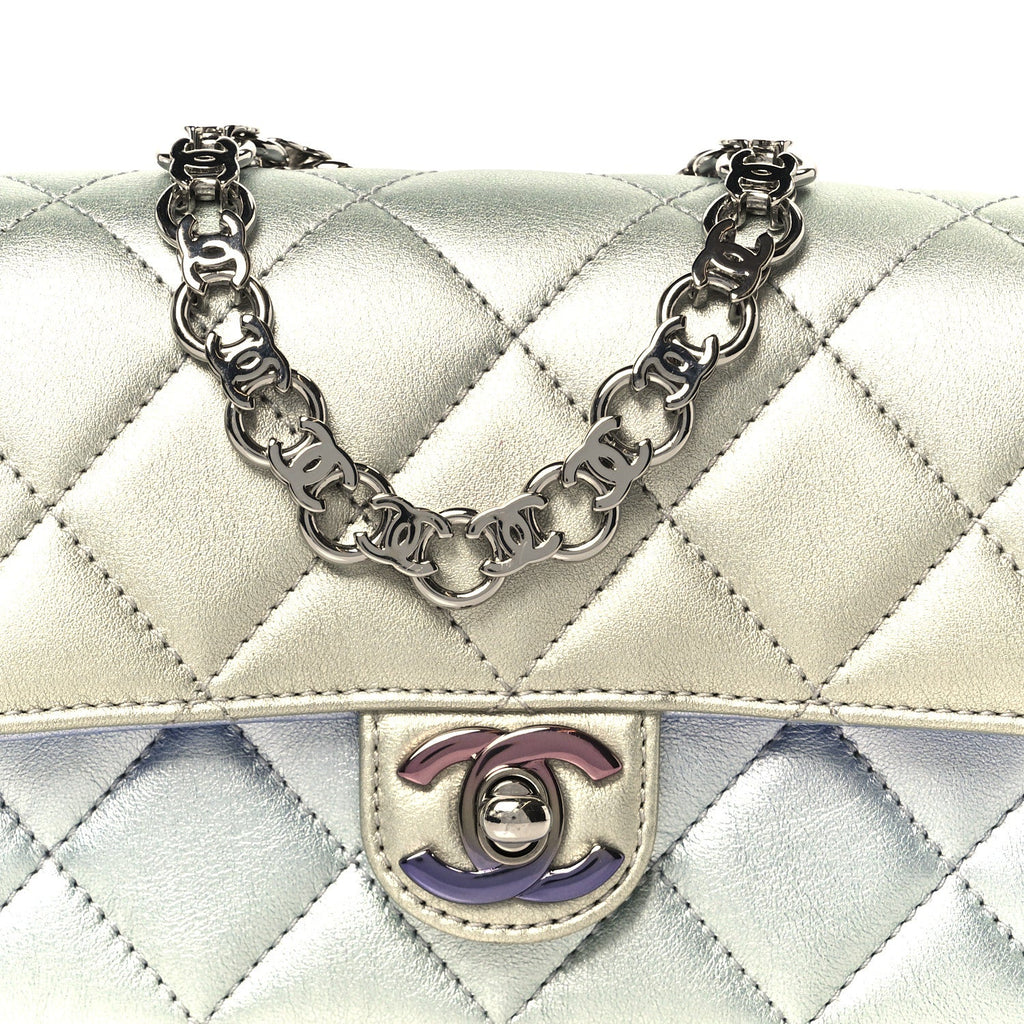 Chanel Gradient Metallic Calfskin Quilted Clutch Silver Blue Yellow Purple
